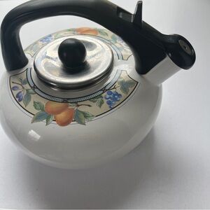 Mikasa White Tea Kettle with Fruit Design and Black Handle
